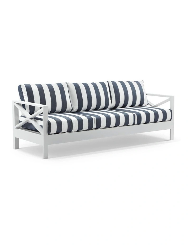 Kansas 3 2 1 seater Outdoor Aluminium Lounge Set White With Coffee Table & Navy Stripe Cushions image 2