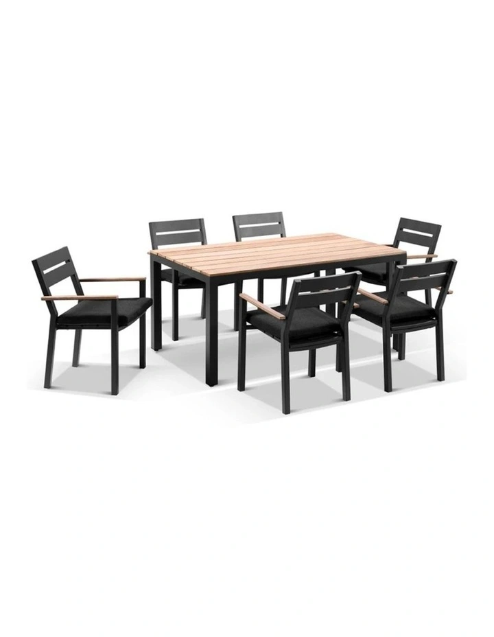 Tuscany 6 Seater Table Charcoal With Capri Chairs with Teak Arm Rests & Denim Grey Cushions image 1