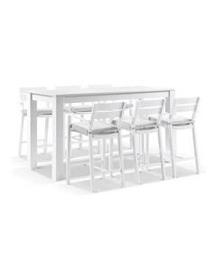 Santorini Outdoor Aluminium 2m Bar Table White With 6 stools & Textured Grey Cushions