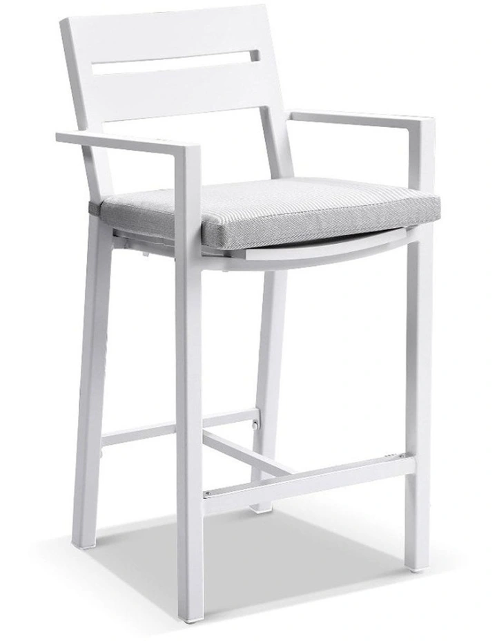 Santorini Outdoor Aluminium 2m Bar Table White With 6 stools & Textured Grey Cushions image 2