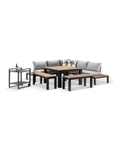 Nova Aluminium Lounge and Dining Setting Charcoal With Cart & Textured Olefin Grey Cushions