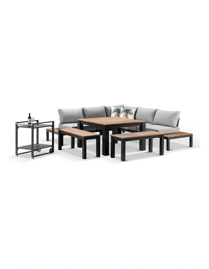 Nova Aluminium Lounge and Dining Setting Charcoal With Cart & Textured Olefin Grey Cushions image 1