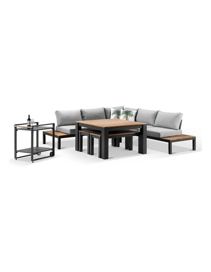 Nova Aluminium Lounge and Dining Setting Charcoal With Cart & Textured Olefin Grey Cushions image 2