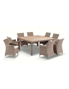 Sahara 8 Seater Square Teak Top Dining Table Brushed Wheat With Chairs & Cream Cushions