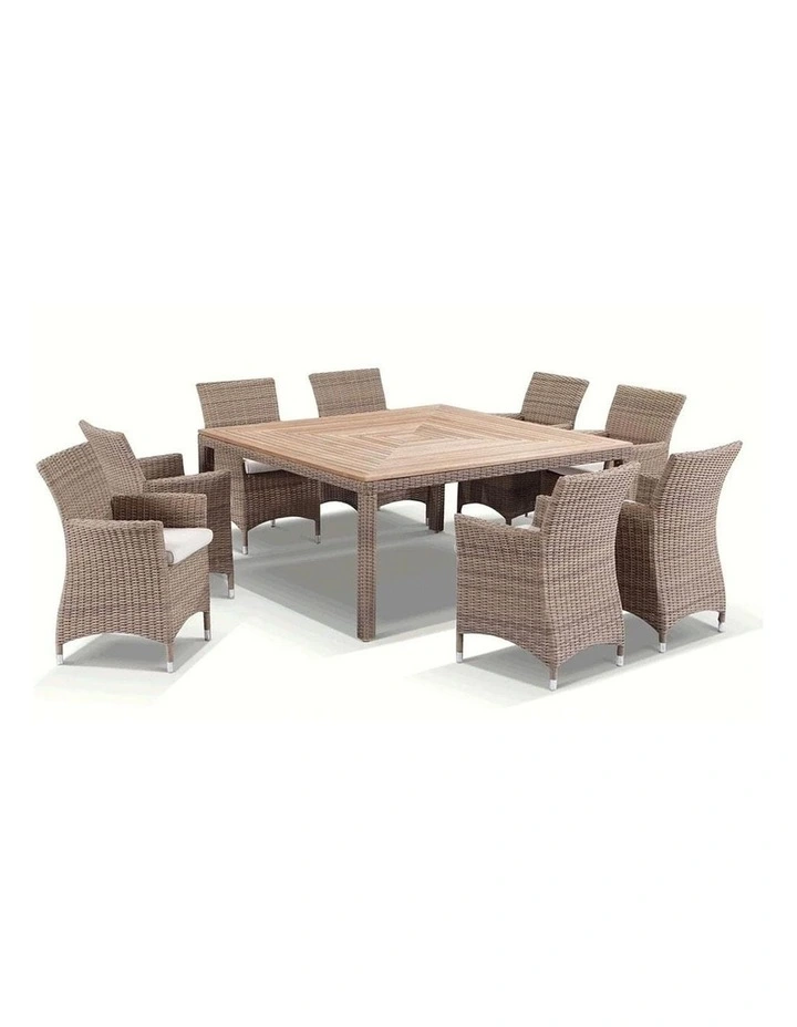 Sahara 8 Seater Square Teak Top Dining Table Brushed Wheat With Chairs & Cream Cushions image 1