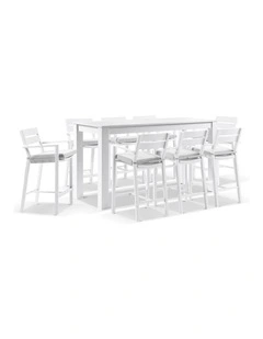 Santorini Outdoor Aluminium 2m Bar Table White With 8 Stools & Textured Grey Cushions