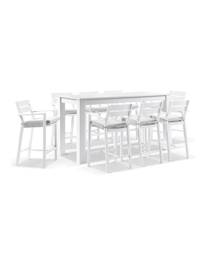 Santorini Outdoor Aluminium 2m Bar Table White With 8 Stools & Textured Grey Cushions image 1