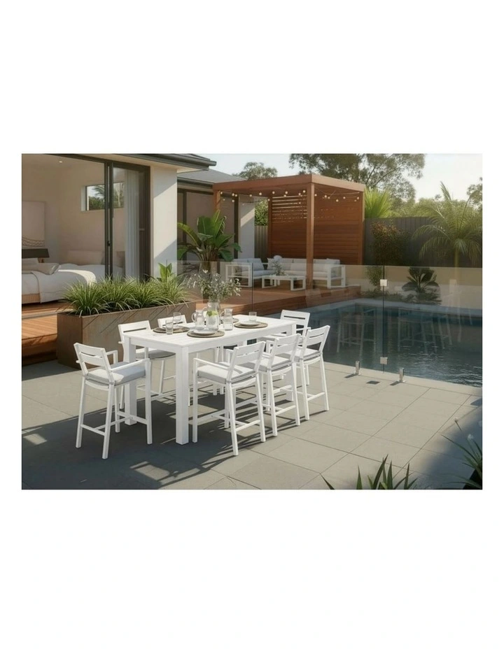 Santorini Outdoor Aluminium 2m Bar Table White With 8 Stools & Textured Grey Cushions image 7