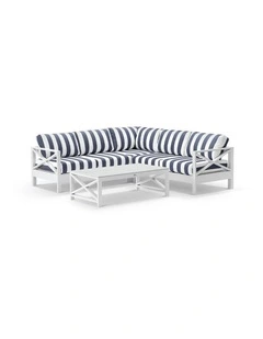 Kansas Outdoor Aluminium Corner Modular Lounge Set White With Coffee Table & Navy Stripe Cushions
