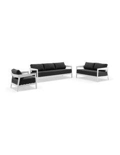 Bronte 3 2 1 Outdoor Aluminium Lounge Setting White With Coffee Table & Denim Grey Cushions