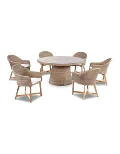 Plantation 6 Seater Dining Table Brushed Wheat With Coastal Outdoor Wicker Chairs & Cream Cushions