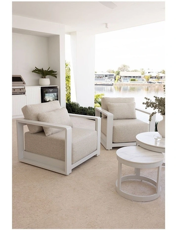 Whitehaven 1 Seater Outdoor Aluminium Lounge Armchair in White with Olefin Cushions in Sandstone image 5