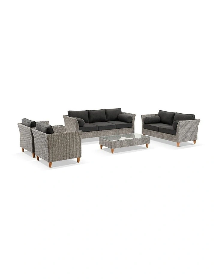 Carolina 3 2 1 1 Seater Outdoor Wicker Lounge Brushed Grey With Coffee Table & Denim Cushions image 1
