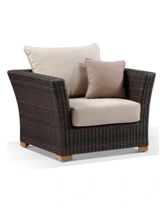 Coco 1 Seater Outdoor Wicker Arm Chair Chestnut Brown & Latte Cushions