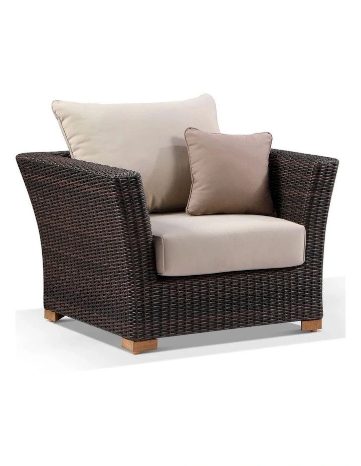 Coco 1 Seater Outdoor Wicker Arm Chair Chestnut Brown & Latte Cushions image 1