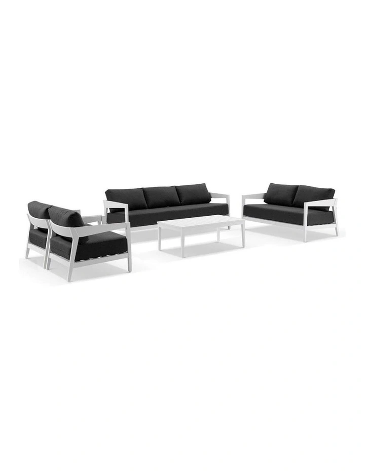 Bronte 3 2 1 1 Outdoor Aluminium Lounge Setting White With Coffee Table & Denim Grey Cushions image 1
