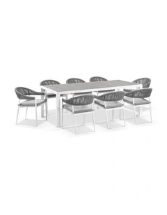 Southport Outdoor 2.17m Aluminium and Ceramic Table with 8 Finley Chair Frost White