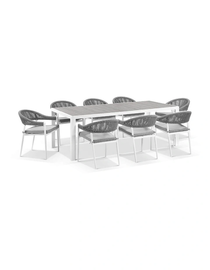 Southport Outdoor 2.17m Aluminium and Ceramic Table with 8 Finley Chair Frost White image 1