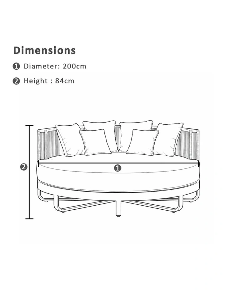 Cannes Large 2m Outdoor Round Aluminium and Rope Daybed White & Olefin Cushions image 5