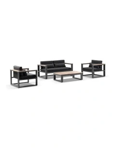 Balmoral 2 1 1 Seater Outdoor Aluminium and Teak Lounge Setting Charcoal & Denim Grey Cushions