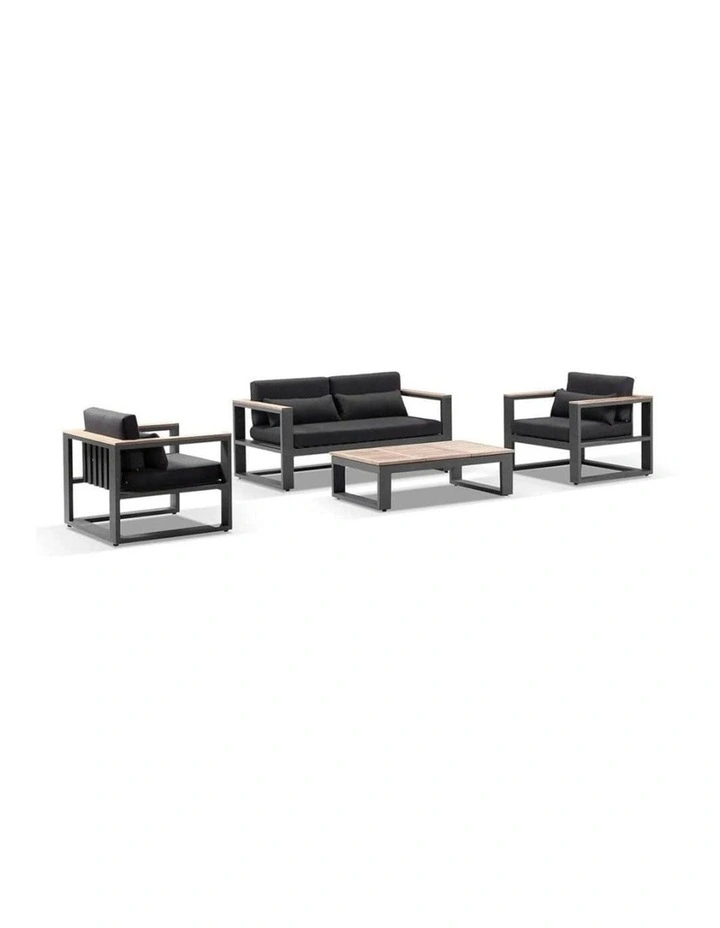 Balmoral 2 1 1 Seater Outdoor Aluminium and Teak Lounge Setting Charcoal & Denim Grey Cushions image 1