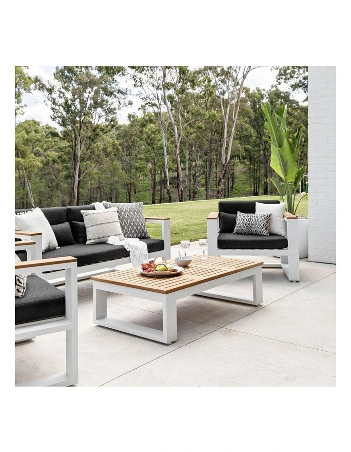 Balmoral 2 1 1 Seater Outdoor Aluminium and Teak Lounge Setting Charcoal & Denim Grey Cushions image 2