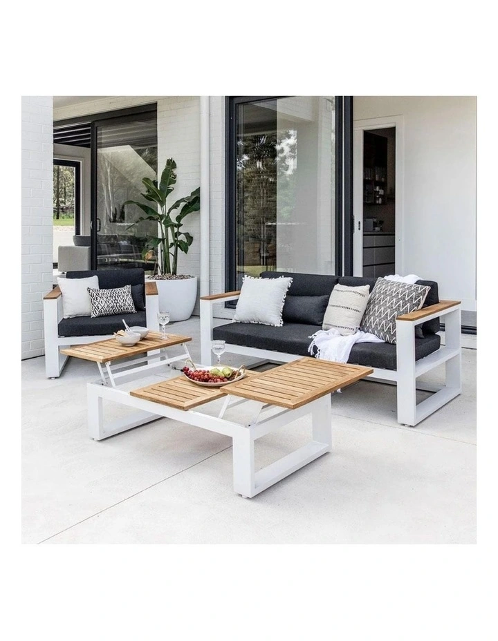 Balmoral 2 1 1 Seater Outdoor Aluminium and Teak Lounge Setting Charcoal & Denim Grey Cushions image 3