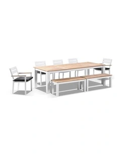 Balmoral 2.5m Teak Top Aluminium Table White With 2 Bench Seats & 5 Chairs Denim Grey Cushions