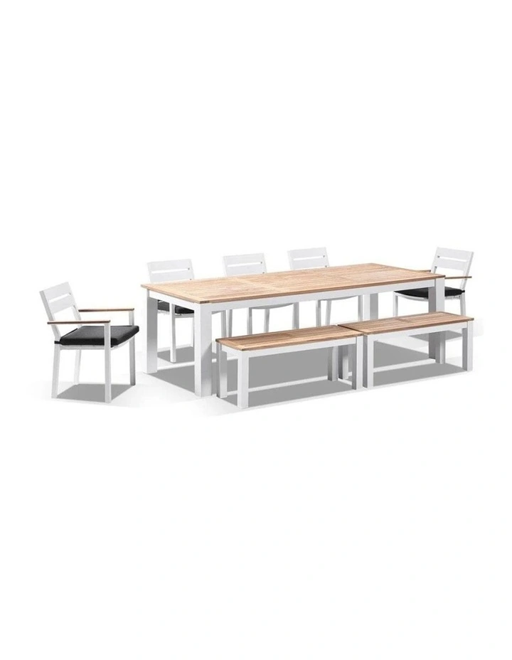 Balmoral 2.5m Teak Top Aluminium Table White With 2 Bench Seats & 5 Chairs Denim Grey Cushions image 1