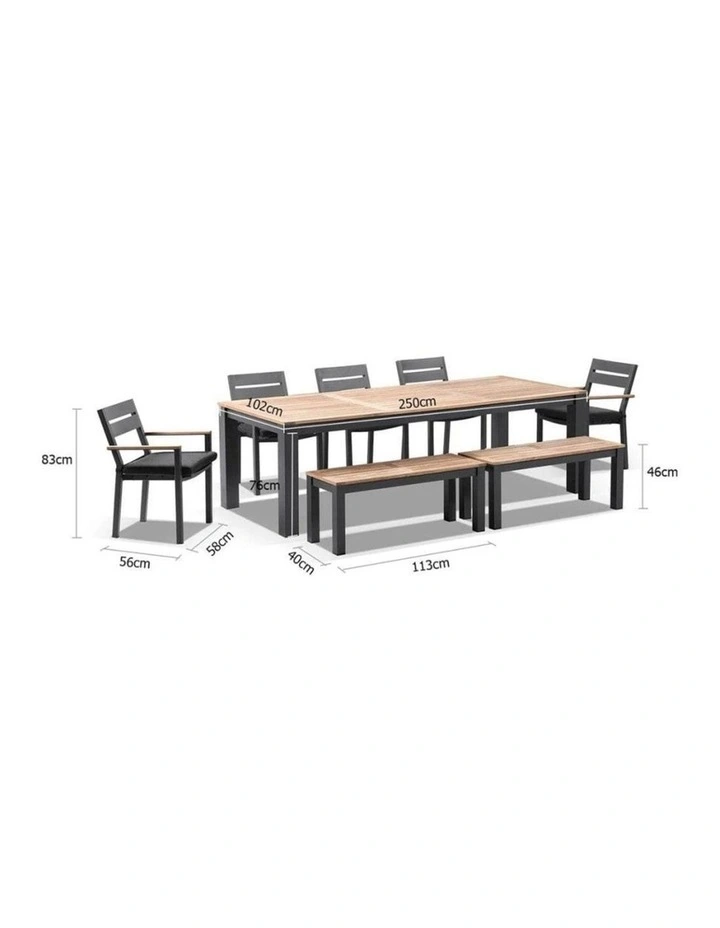 Balmoral 2.5m Teak Top Aluminium Table White With 2 Bench Seats & 5 Chairs Denim Grey Cushions image 6