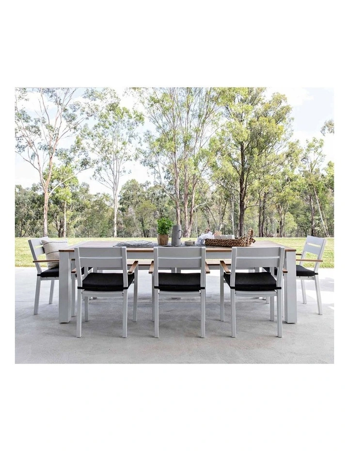 Balmoral 2.5m Teak Top Aluminium Table White With 2 Bench Seats & 5 Chairs Denim Grey Cushions image 7