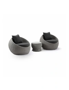 Newport Outdoor Wicker Lounge 2x Arm Chair Brushed Grey With Side Table & Denim Cushions