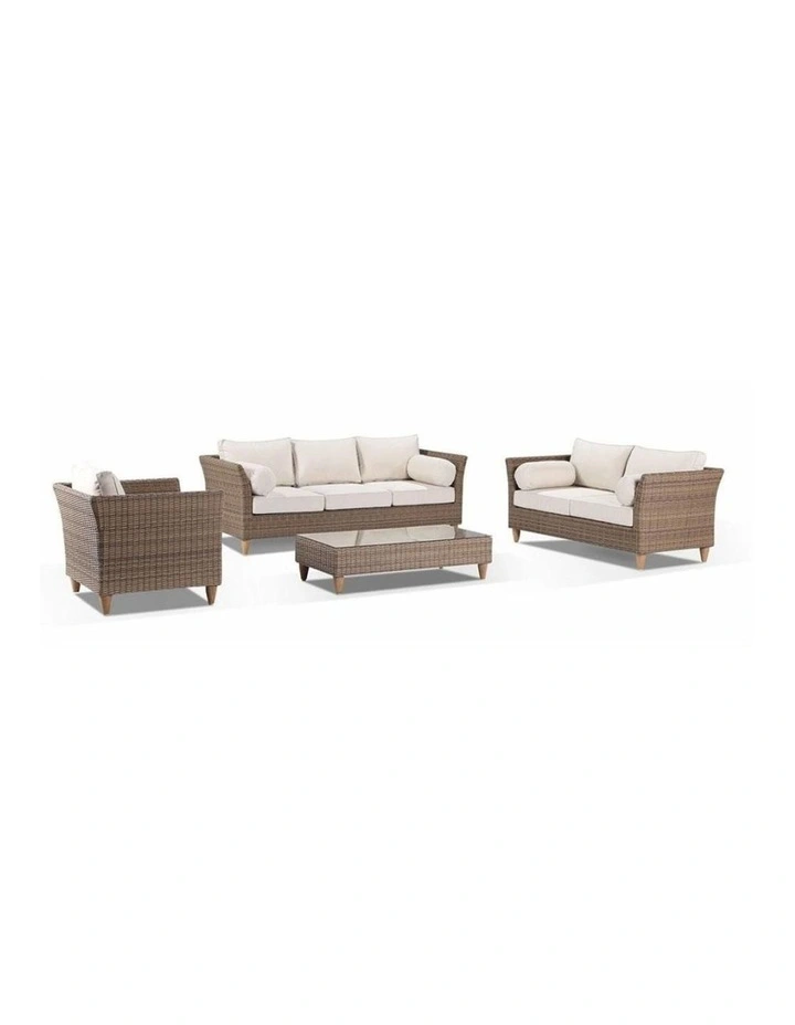Carolina 3 2 1 Outdoor Wicker Lounge Setting Brushed Wheat With coffee table & Cream Cushions image 1