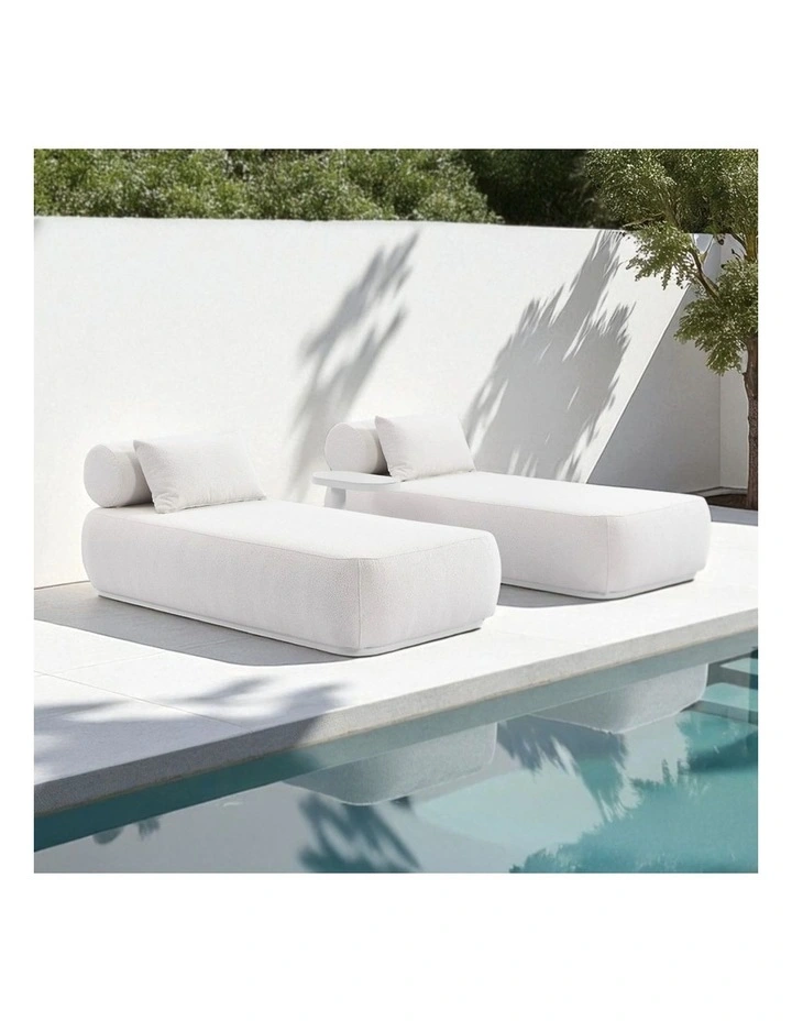 Norfolk Outdoor Aluminium Single Sun Lounge Set White With Side Table & Boucle Cream Cushions image 2