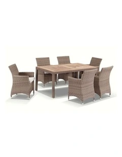 Sahara 6 Seater Outdoor Teak and Wicker Dining Setting Brushed Wheat & Cream Cushions