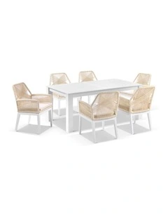 Santorini 1.8m Outdoor Aluminium Dining Table in White with 6 Hugo Chairs & Cream Rope Cushions