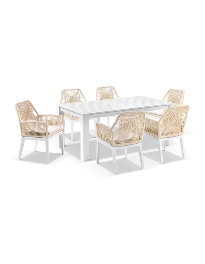 Santorini 1.8m Outdoor Aluminium Dining Table in White with 6 Hugo Chairs & Cream Rope Cushions image 1