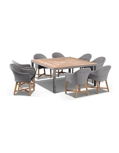 Sahara 8 Seater Square Table Brushed Grey With Coastal Chairs in Half Round wicker & Denim Cushions