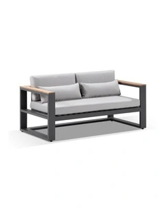Balmoral 2 Seater Outdoor Aluminium and Teak Lounge Charcoal & Textured Olefin Grey Cushions