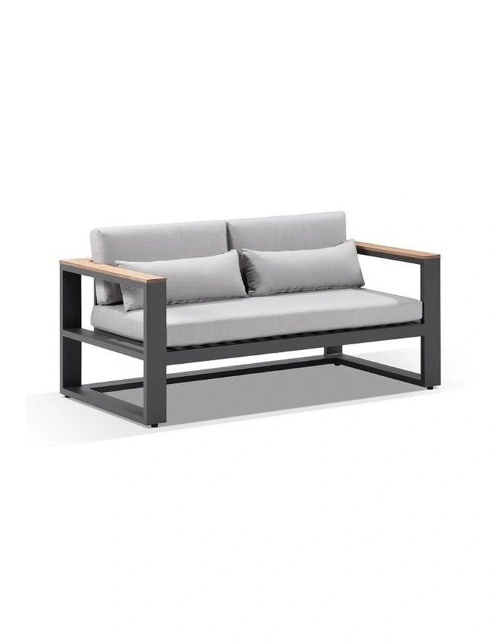 Balmoral 2 Seater Outdoor Aluminium and Teak Lounge Charcoal & Textured Olefin Grey Cushions image 1