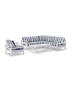 Kansas Aluminium Corner Modular Lounge Set White With Arm Chair/Coffee Table & Navy Stripe Cushions