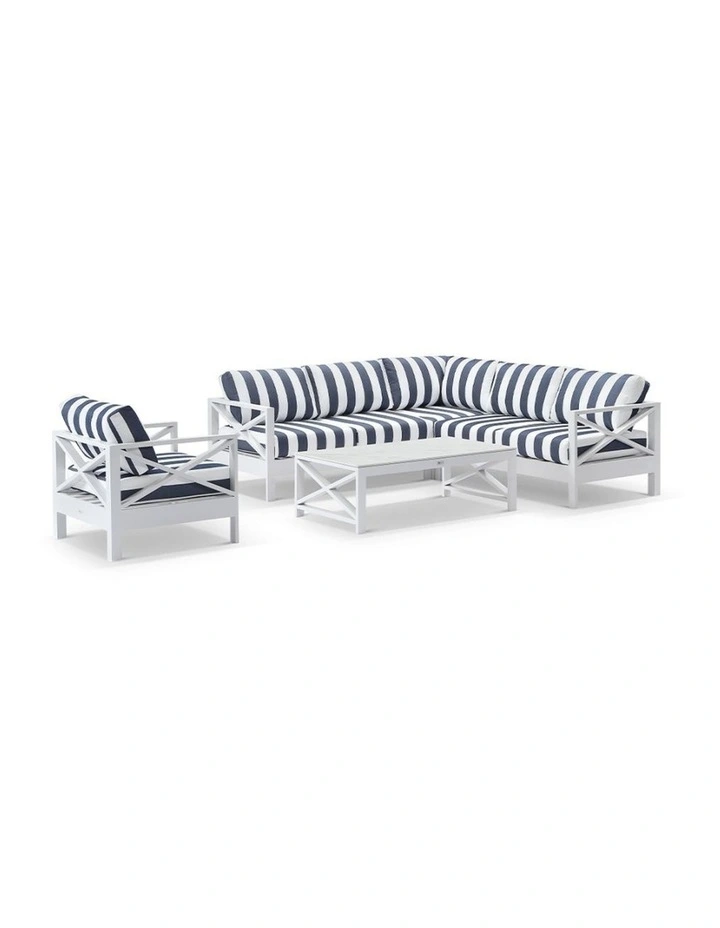 Kansas Aluminium Corner Modular Lounge Set White With Arm Chair/Coffee Table & Navy Stripe Cushions image 1