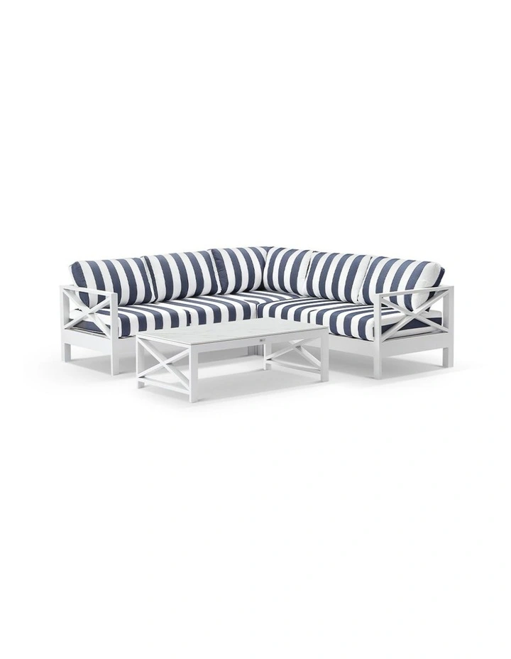 Kansas Aluminium Corner Modular Lounge Set White With Arm Chair/Coffee Table & Navy Stripe Cushions image 2