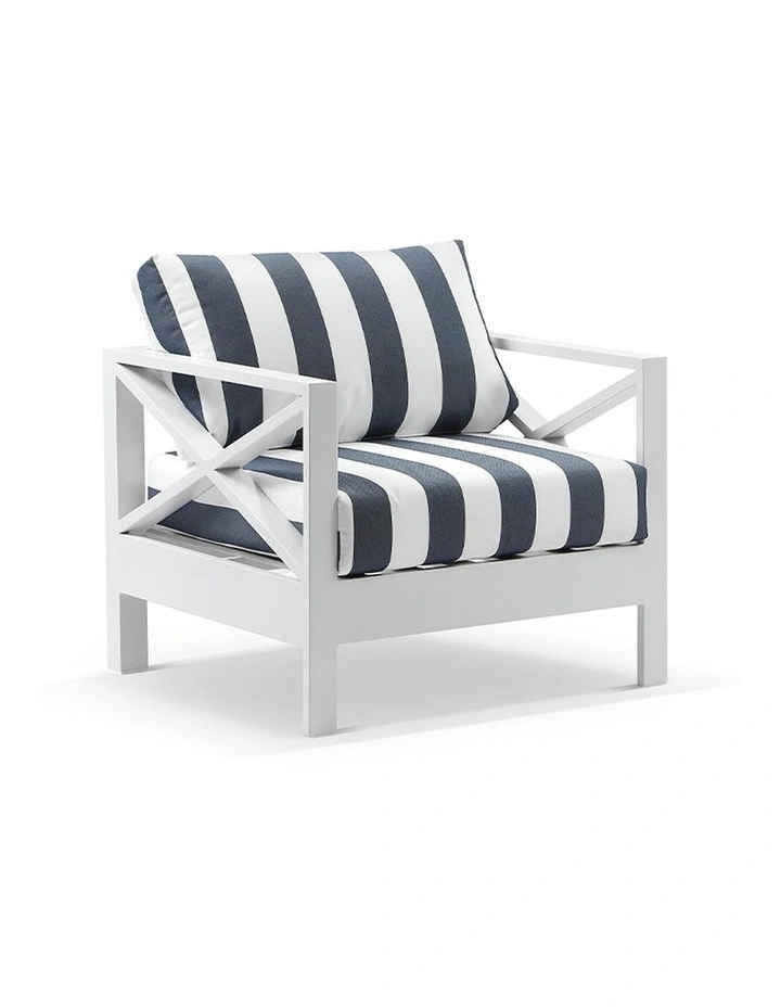 Kansas Aluminium Corner Modular Lounge Set White With Arm Chair/Coffee Table & Navy Stripe Cushions image 3