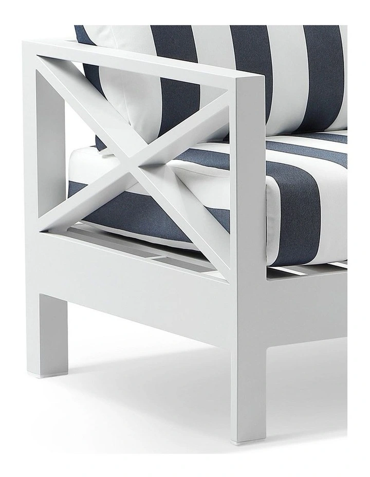 Kansas Aluminium Corner Modular Lounge Set White With Arm Chair/Coffee Table & Navy Stripe Cushions image 4