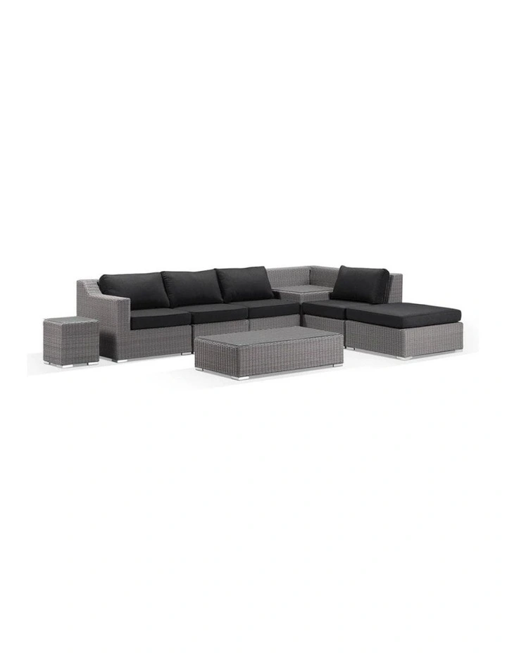 Milano Outdoor Chaise Lounge Brushed Grey With built in Corner Table & Denim Cushions image 1