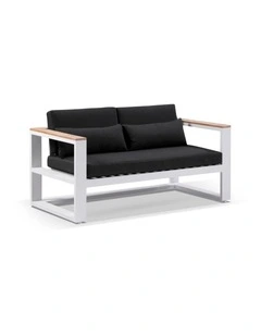 Balmoral 2 Seater Outdoor Aluminium and Teak Lounge White & Denim Grey Cushions