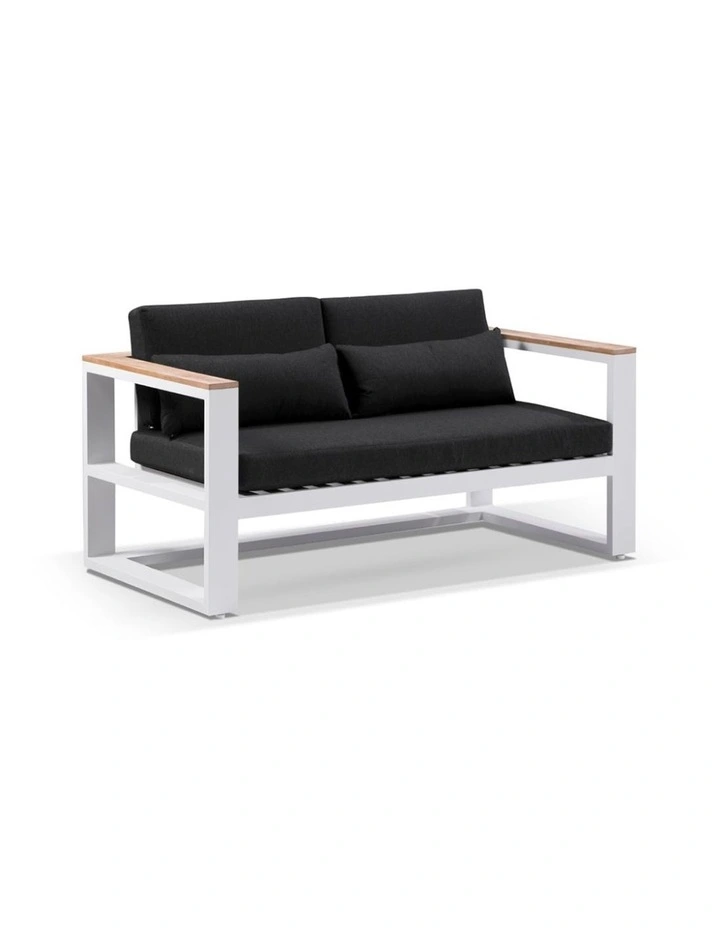 Balmoral 2 Seater Outdoor Aluminium and Teak Lounge White & Denim Grey Cushions image 1