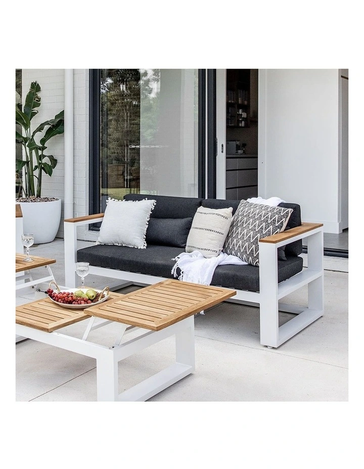 Balmoral 2 Seater Outdoor Aluminium and Teak Lounge White & Denim Grey Cushions image 2