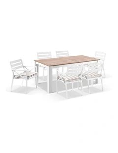 Balmoral 1.8m Teak Top Aluminium Table White With 6 Kansas Dining Chairs & Sunbrella Beige Cushions